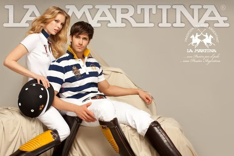 Elegant man and woman wearing La Martina polo shirts, embodying the refined spirit of Argentine polo fashion.