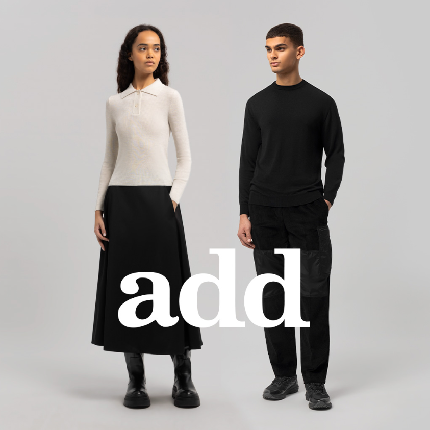 Contemporary male and female models dressed in minimalist, modern outfits from Add, a brand known for its clean lines and elevated essentials.